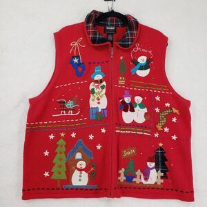 Vintage Designers Originals Studio Sweater Vest Women red 3X Snowman Christmas